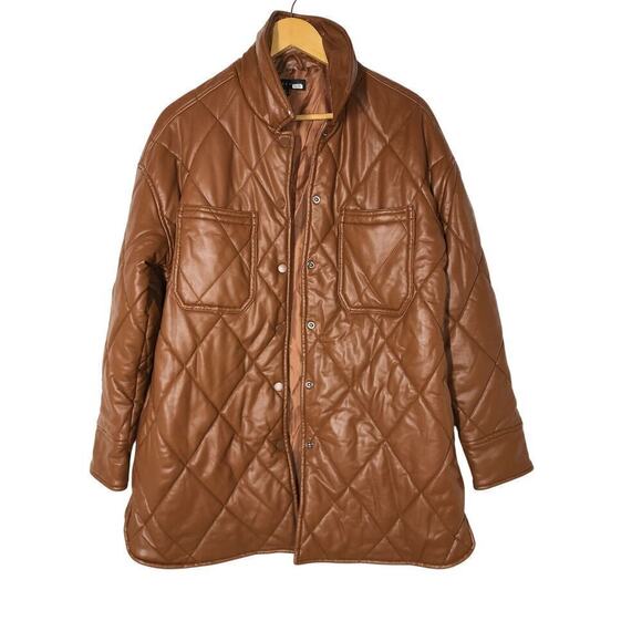 Slate & Willow Quilted Jacket Faux Leather Shacket Brown M - Picture 6 of 12